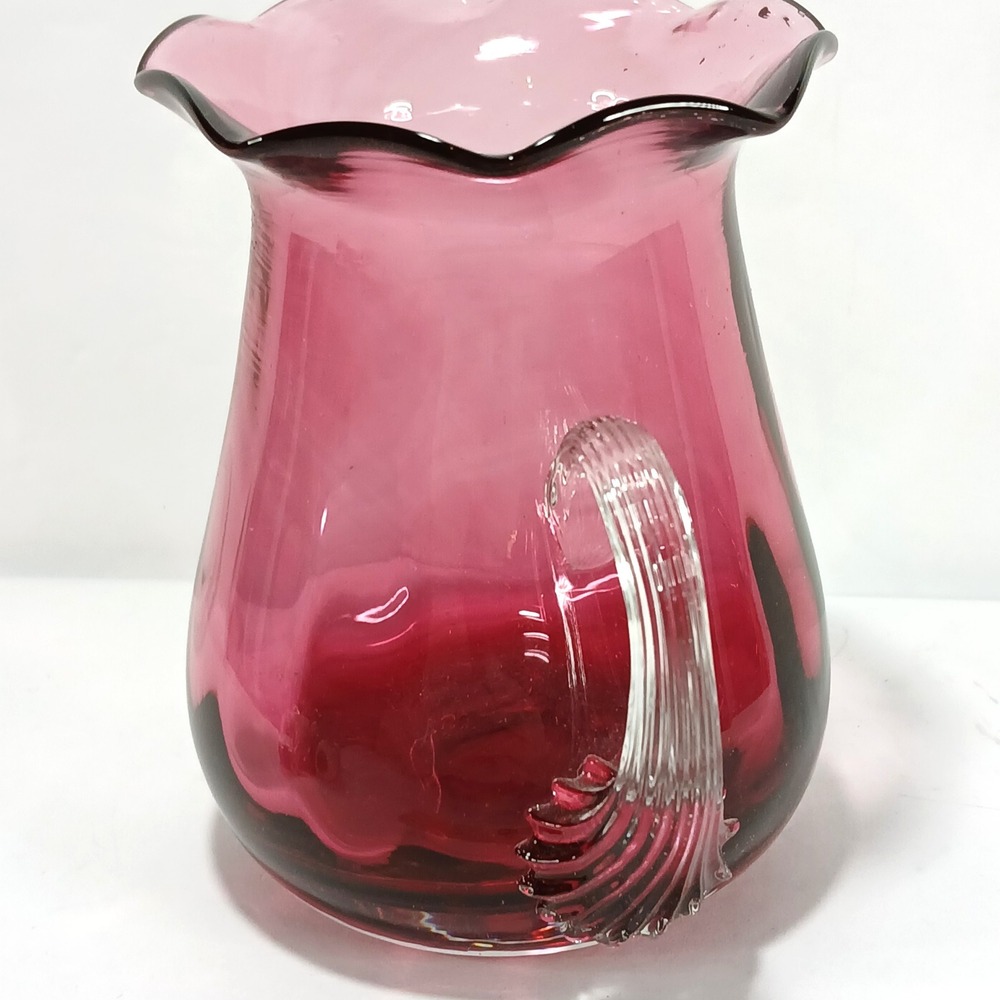 Vintage Cranberry Glass Pitcher Ruffled Rim Clear Applied Handle 4.25 inch - Picture 4 of 8